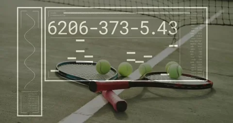 Tennis rackets being animated in 3D crossing green court with scattered balls Stock Footage 330658419