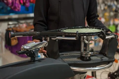 Tennis stringer doing racket stringing Stock Photos