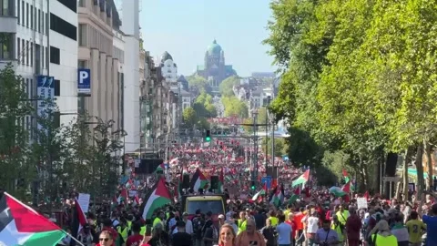Tens of thousands march in Brussels to demand end of relations with Israel, Brus Video stock 316550492