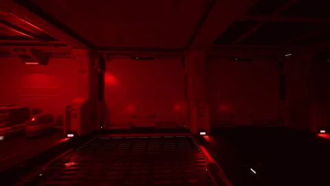 Tense atmosphere featuring stacked crates and pulsing warning lights Stock Footage 334330915