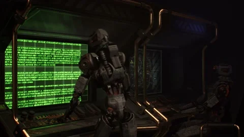 Tense collaboration: robots and cyborgs secure futuristic control room Stock Footage 138206924