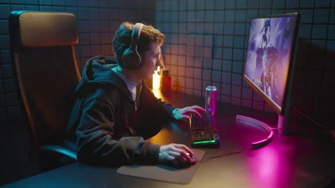 Tense computer game player. Streamer gamer playing. Streaming gaming e sport. Stock Footage 328219934