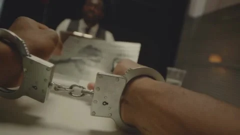 Tense Interrogation Room POV from a Handcuffed Suspect Stock Footage 321985332