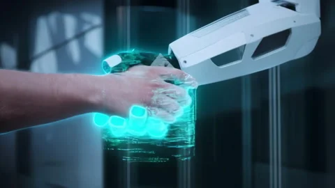 A tense room shows confinement, while a handshake symbolizes techhuman merging Stock Footage 316830807