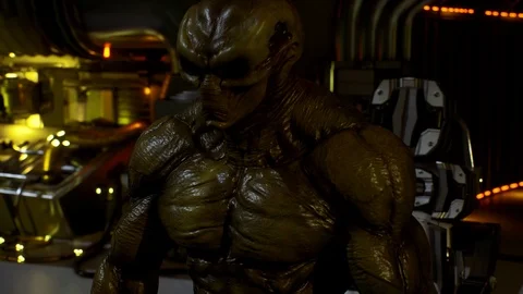 Tense Sci-Fi Scene: Aliens and Astronauts Meet in Command Room Stock Footage 113211951