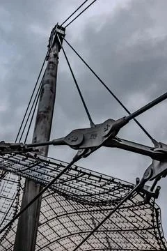 Tensile structure cable network and mast connection detail at Munich Olympi.. Stock Photos