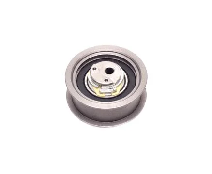 Tension adjusting car roller timing system engine, white background, close-up Fotos de archivo