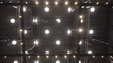 Tension Wire Grid Ceiling with Some Motorized Hoists Stock Footage 262111848