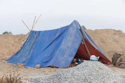 Tent accommodation for construction workers in rural Stock Photos