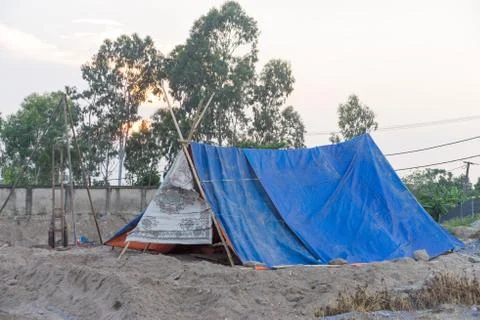 Tent accommodation for construction workers in rural Stock Photos
