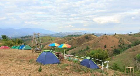Tent accommodation on the mountain Stock Photos