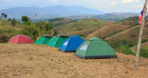 Tent accommodation on the mountain Stock Photos