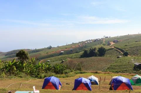 Tent accommodation on the mountain Stock Photos