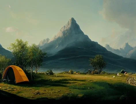 Tent against the backdrop of a beautiful mountain landscape Stock Illustration
