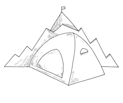 Tent against the background of mountains. Navigation sign. Stock Illustration