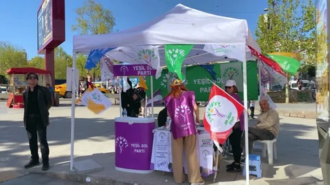 Tent and booth of Green Left Party, Yesil Sol Parti in Turkish for 2023 election Stock Footage 240733326