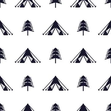 Tent and tree seamless pattern. Silhouette distressed style. Outdoor adventure Stock Illustration
