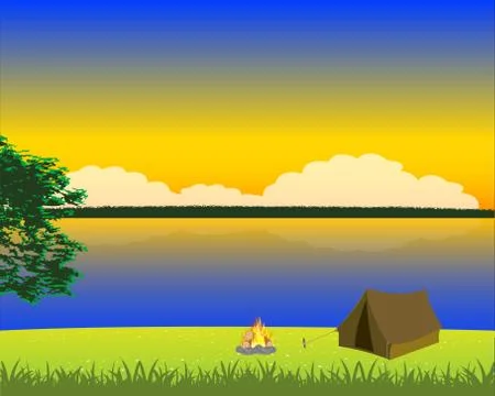 Tent ashore calm yard Stock Illustration