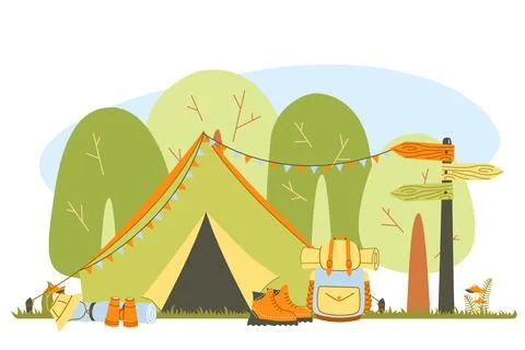 A tent with a backpack, a thermos, a mug, a lantern Stock Illustration
