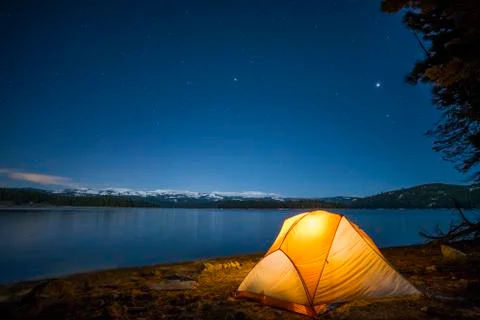 Tent on Beach with Mountains Stock Photos