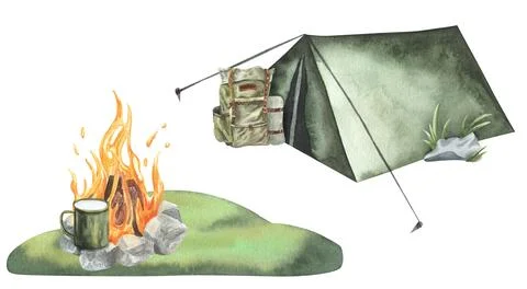 Tent, bonfire,mug, forest backpack composition. Watercolor card camping party Stock Illustration
