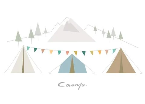 Tent camp banner. Vector simple illustration with mountain, forest background. Illustrazione stock