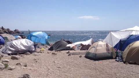 Tent camp on the beach Stock Footage