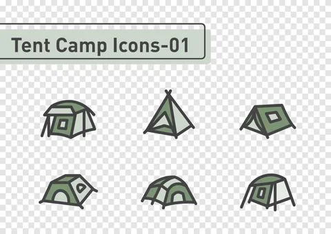 Tent camp flat line icon set isolated on transparency background ep01 Stock Illustration