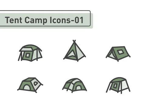 Tent camp flat line icon set isolated on white background ep01 Stock Illustration