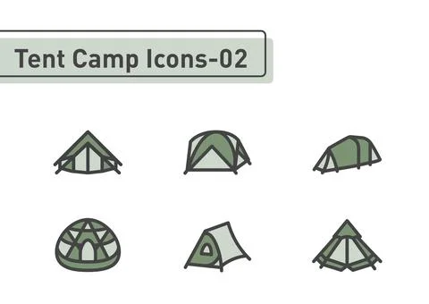 Tent camp flat line icon set isolated on white background ep02 Stock Illustration