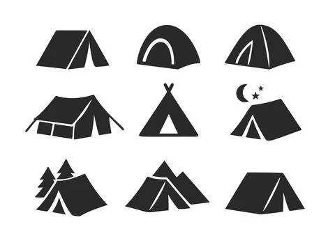 Tent camp vector silhouette black icon. Isolated tent outdoor military holiday Stock Illustration