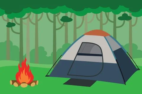 Tent camping inside the jungle with trees forest and bonfire Stock Illustration
