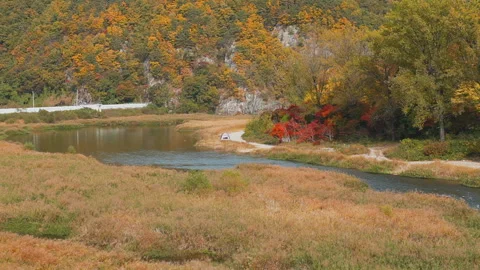A tent camping next to a river in the beautiful autumn mountains in Korea Stock Footage 276222248