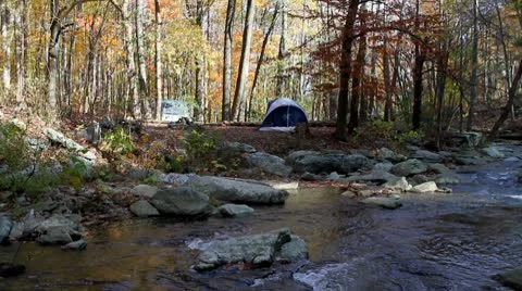 Tent Camping By Stream Stock Footage 8970881