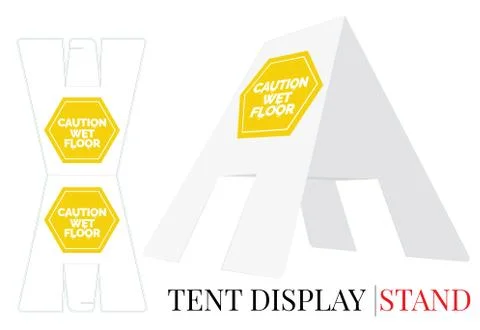 Tent display stand. Caution wet floor sign, vector. Die cut template Stock Illustration