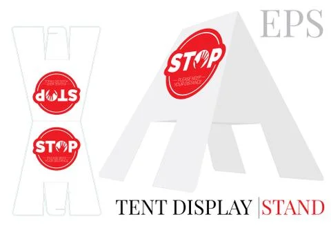 Tent display stand. Stop keep your distance sign, vector. Die cut template Stock Illustration