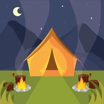 Tent with dual campfires. Vector Stock Illustration
