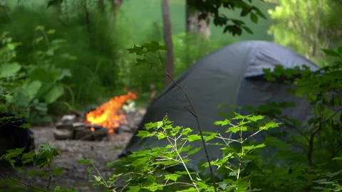 Tent by the Lake with Campfire Burning in Front 動画素材 312764563