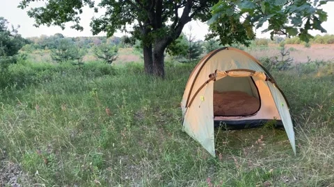 Tent in nature in the woods on the grass in the setting sun. Relaxing in nature. Видео 201668106