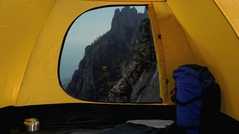 Tent is opening, view from tent of funicular going down from Ai-Petri mountain Video stock 161023828