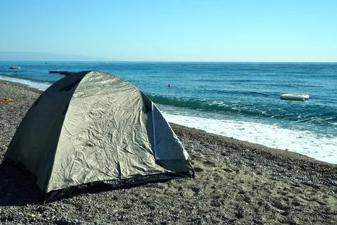 Tent on the seashore. 스톡 사진