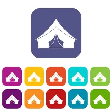 Tent with a triangular roof icons set flat 스톡 일러스트