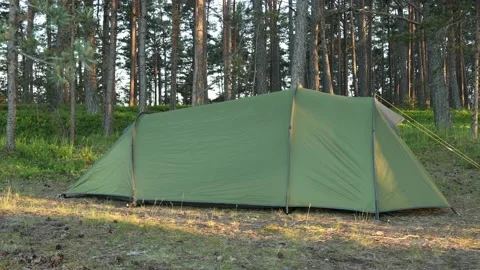 Tent under the pine trees with beautiful sunlight in the morning. Stock Footage 135814372