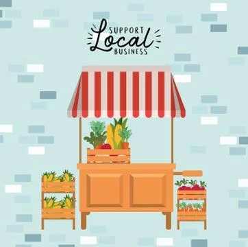 Tent with vegetables inside boxes and support local business vector design 스톡 일러스트