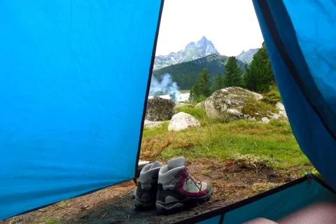 Tent view on mountains Stock Photos