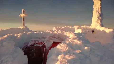 Tent on the winter top Goverla Stock Footage 170778852