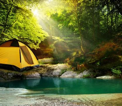 Tent in the woods Stock Photos