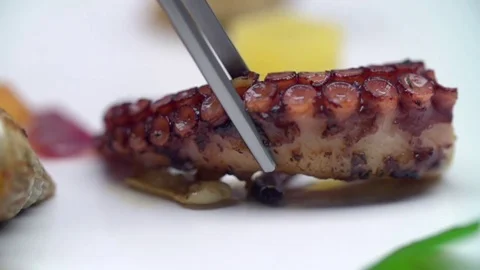 Tentacle roasted octopus spread on a white surface. Stock Footage 77610325