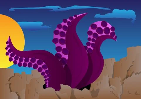 Tentacles of octopus in the ground on an alien planet. Cartoon style illustra Stock Illustration