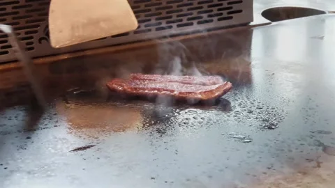 Teppanyaki Chef Grilling Beef Steak Hot Iron Griddle Steam Stock Footage 335080812